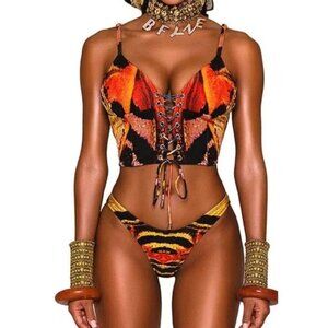 NEW BFYNE Swim Amila Top and Bikini Bottom Orange Black Animal Print 3476